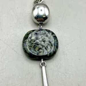 Chic Silver Tone Chain Necklace Fused Glass Art Nouveau Pendant
